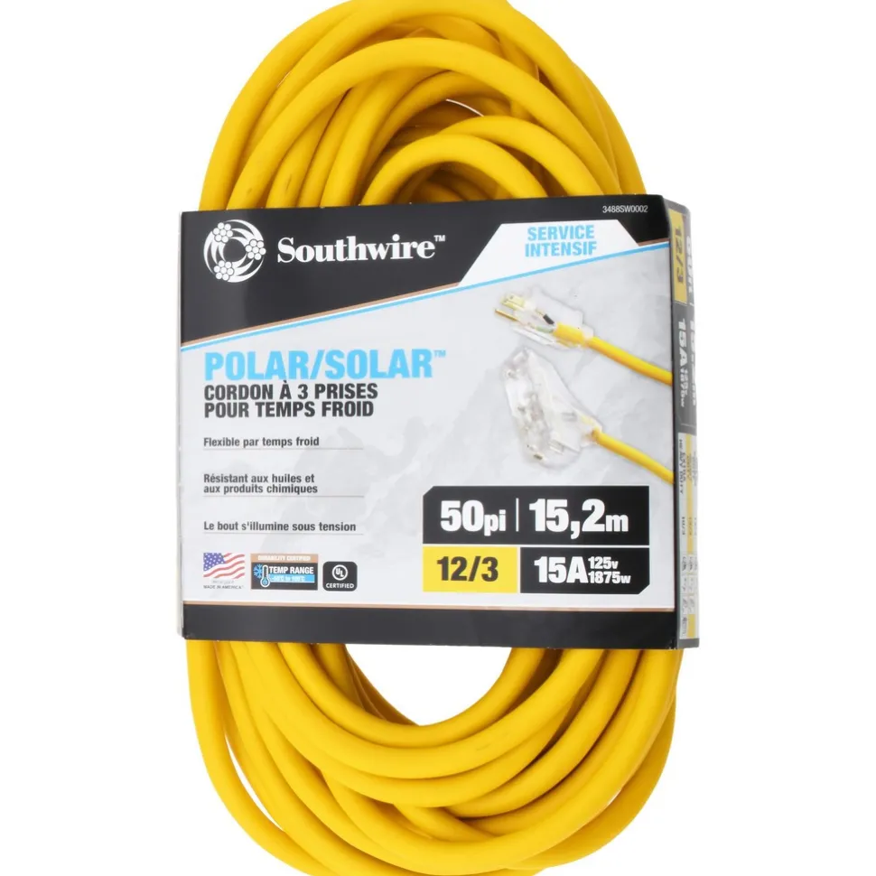 50', 12/3 Gauge/Conductors, Yellow Indoor & Outdoor Extension Cord
