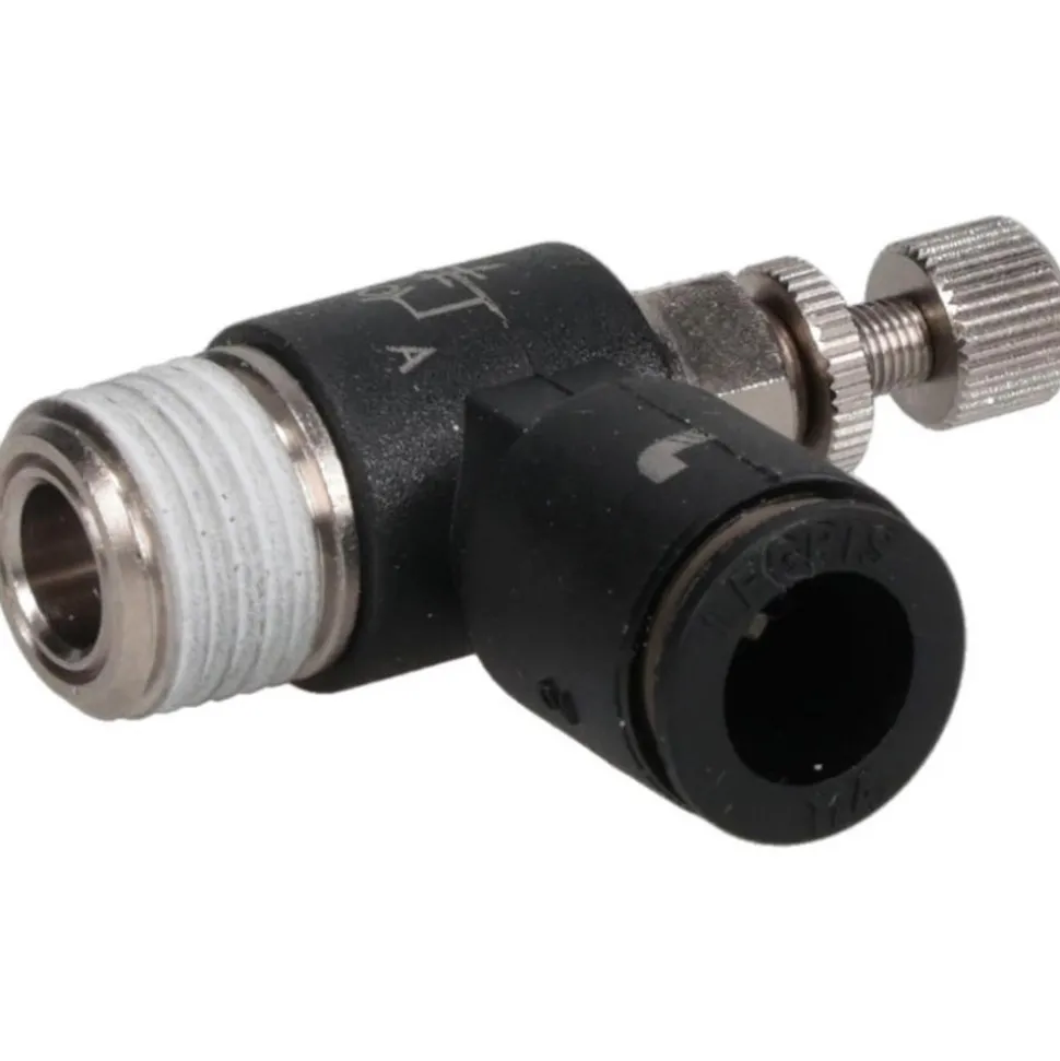 Air Flow Control Valve: Miniature Exhaust, Tube x NPT, 1/4" Tube OD, 145 Max psi