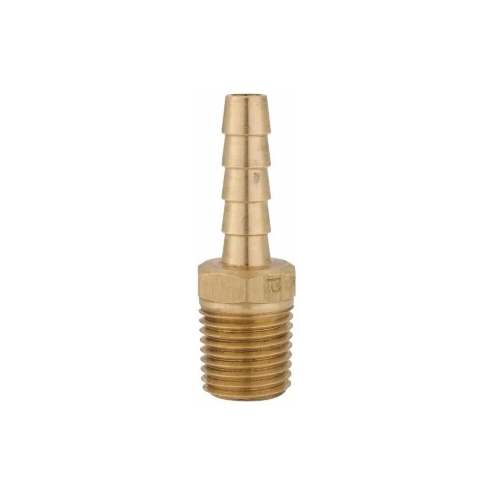 Barbed Hose Fitting: 1/4" NPT, 1/4" Hose ID, Male, Brass