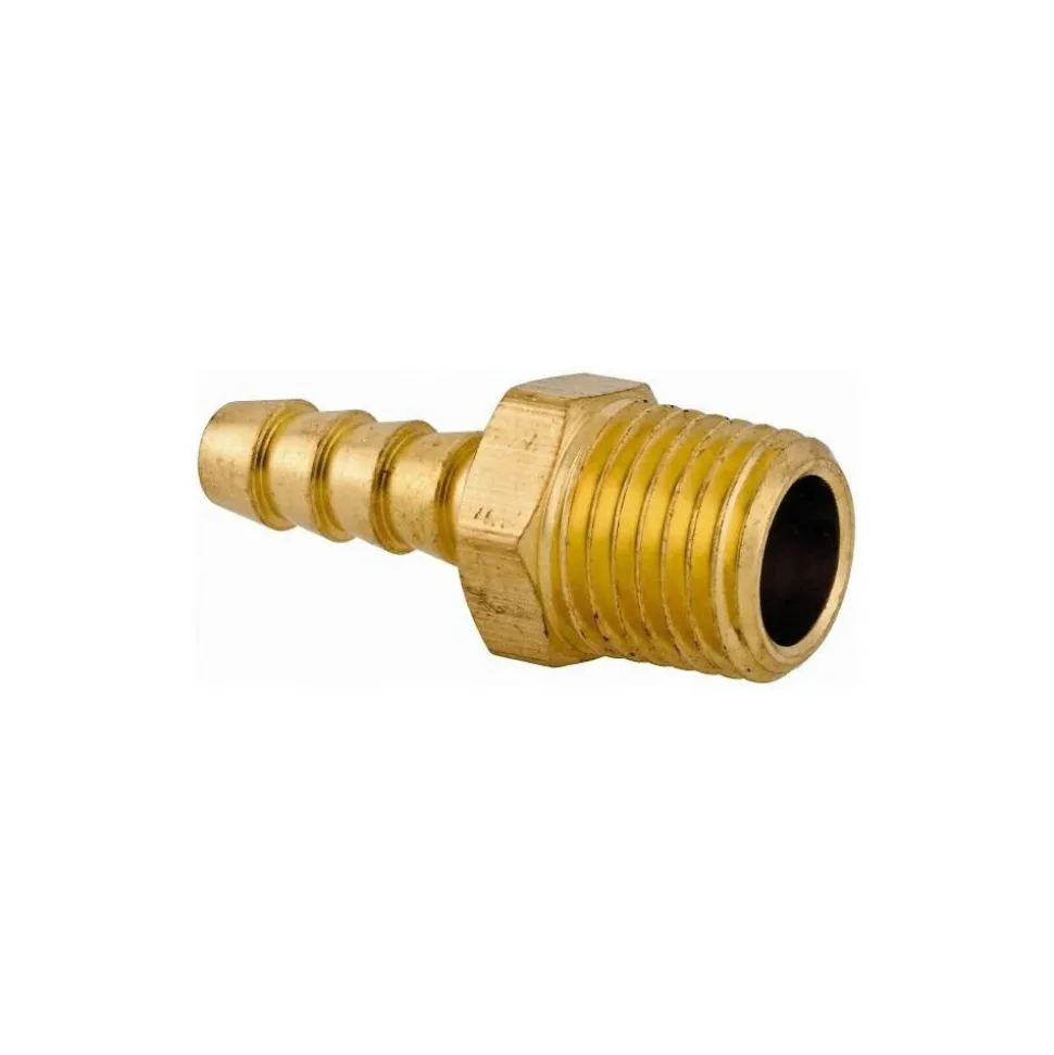 Barbed Hose Fitting: 1/4" NPT, 1/4" Hose ID, Male, Brass