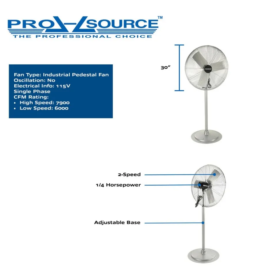 30" Blade 6,000/7,900 CFM 1/4 hp Non-Oscillating Industrial Circulation Pedestal Fan