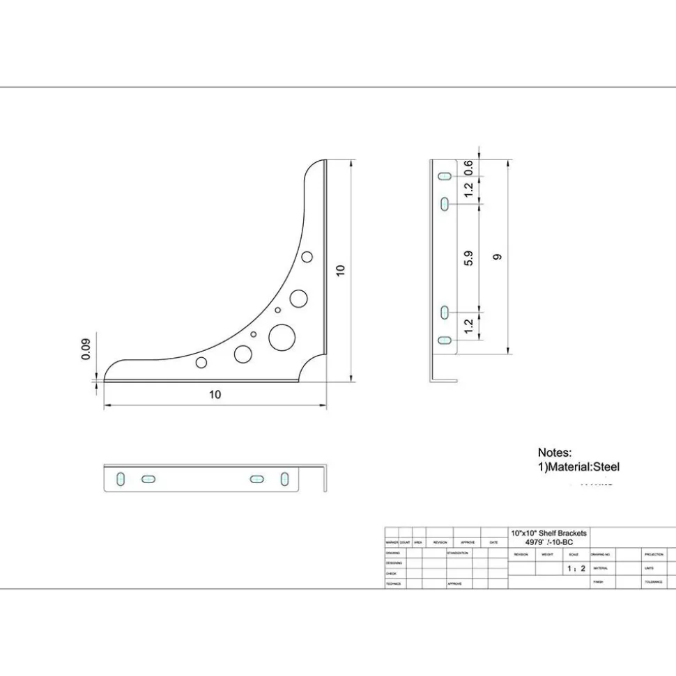 Brackets: Bracket Type: Shelf Bracket; Mount Type: Screw-On; Length (Inch): 10 in; Bracket Material: Steel
