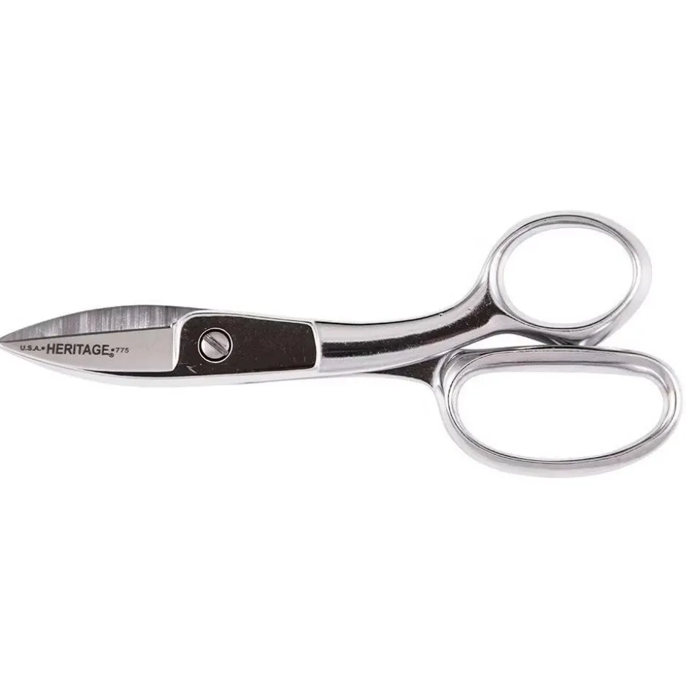 Broad Blade Shear: 7-5/8" OAL, 1-15/16" Cut Length, Serrated Blade, Hot Forged Steel, Nickel-Plated Carbon Chrome