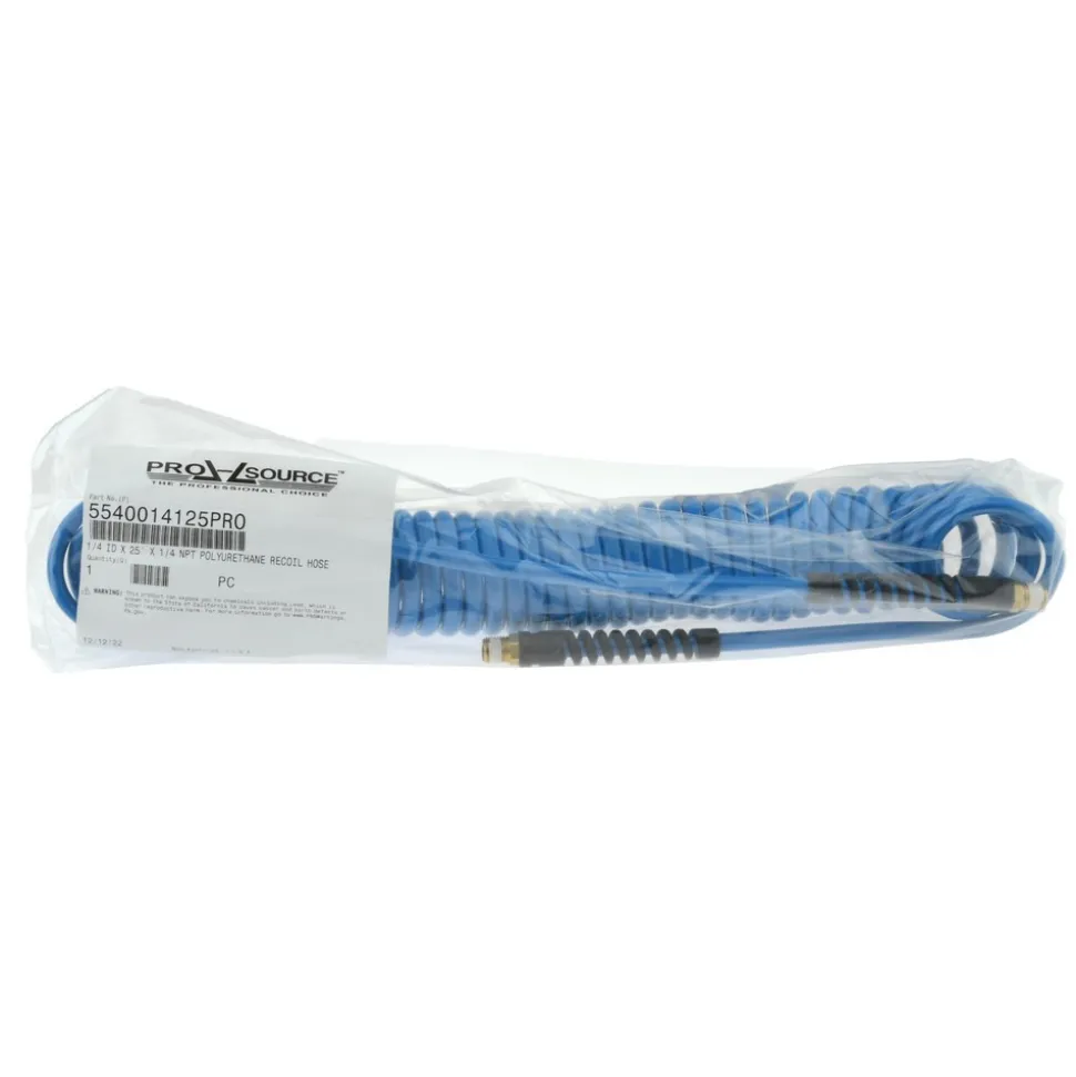 Coiled & Self Storing Hose: 1/4" ID, 25' Long, Male Swivel x Male Swivel