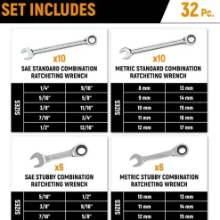 Combination Wrench Set: 32 Pc, 1/2 to 9/16