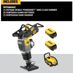 Concrete Tools: Includes: (1) DCPS660 60Kg Class Rammer, (2) DCBPS0554 554Wh Batteries, (1) DCBPSC0550 550W Charger; Material: Heavy-Duty Rubber, Steel (Frame); Tool Type: Rammer Kit