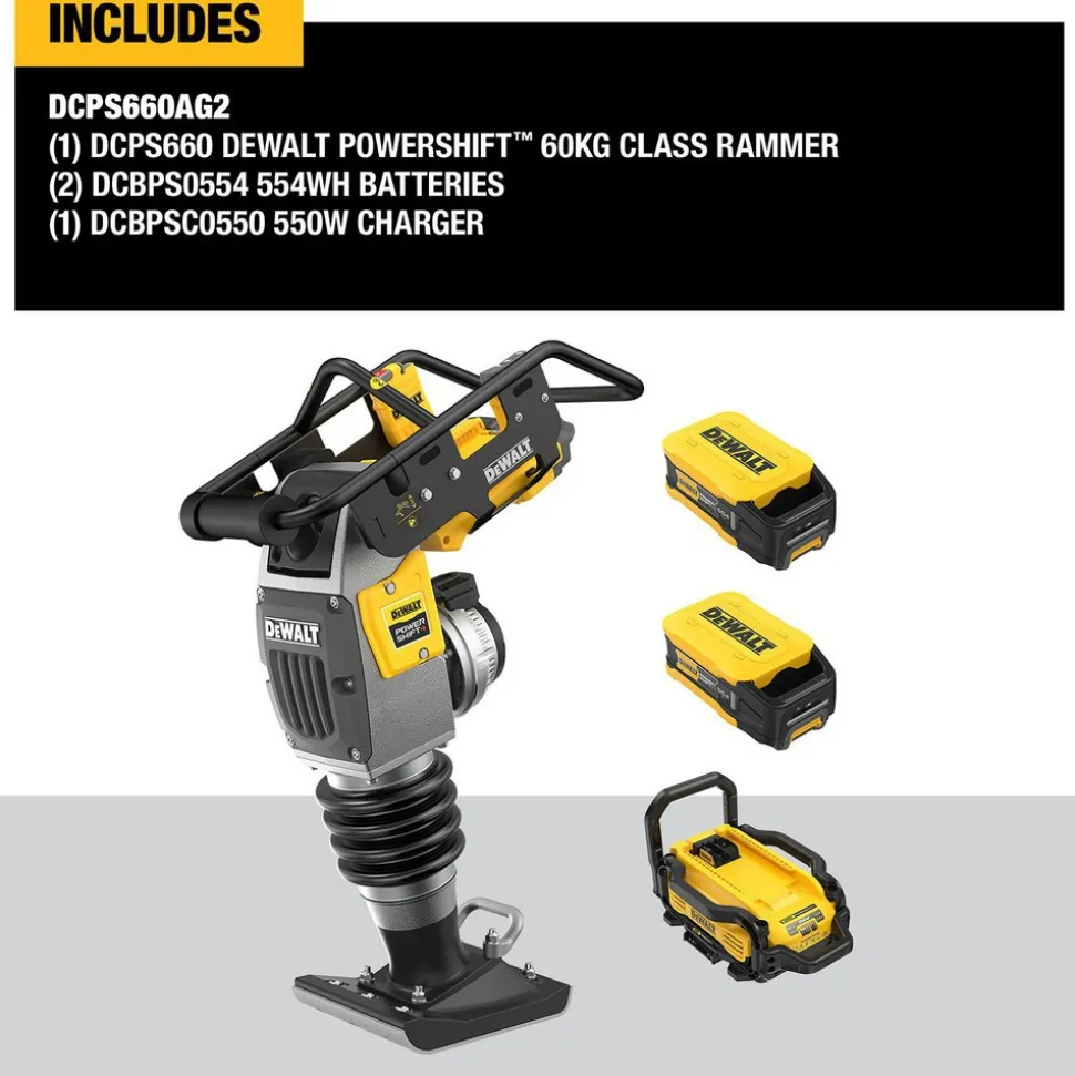 Concrete Tools: Includes: (1) DCPS660 60Kg Class Rammer, (2) DCBPS0554 554Wh Batteries, (1) DCBPSC0550 550W Charger; Material: Heavy-Duty Rubber, Steel (Frame); Tool Type: Rammer Kit