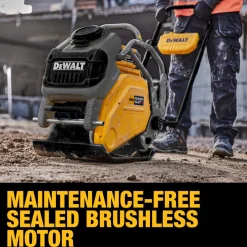 Concrete Tools: Includes: (1) DCPS7154 Forward Plate Compactor, (2) DCBPS0554 554Wh Batteries, (1) DCBPSC0550 550W Charger; Material: Heavy-Duty Rubber, Steel (Frame); Tool Type: Plate Compactor Wheel Kit