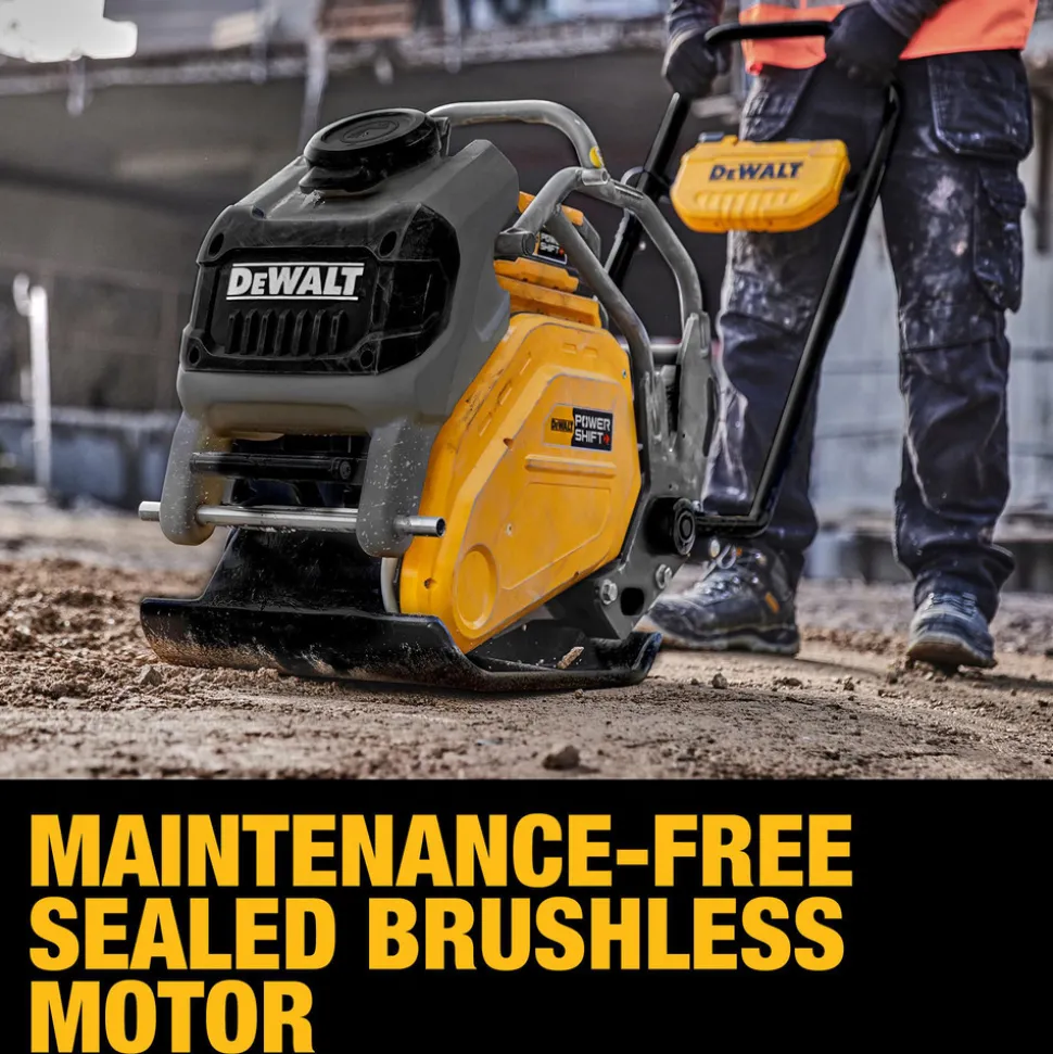 Concrete Tools: Includes: (1) DCPS7154 Forward Plate Compactor, (2) DCBPS0554 554Wh Batteries, (1) DCBPSC0550 550W Charger; Material: Heavy-Duty Rubber, Steel (Frame); Tool Type: Plate Compactor Wheel Kit