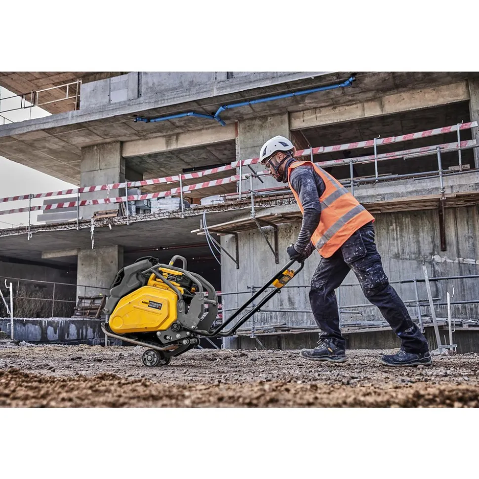 Concrete Tools: Includes: (1) DCPS7154 Forward Plate Compactor, (2) DCBPS0554 554Wh Batteries, (1) DCBPSC0550 550W Charger; Material: Heavy-Duty Rubber, Steel (Frame); Tool Type: Plate Compactor Wheel Kit