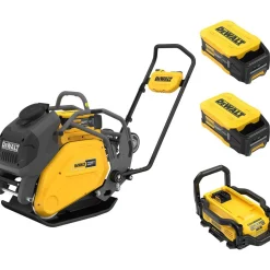 Concrete Tools: Includes: (1) DCPS7154 Forward Plate Compactor, (2) DCBPS0554 554Wh Batteries, (1) DCBPSC0550 550W Charger; Material: Heavy-Duty Rubber, Steel (Frame); Tool Type: Plate Compactor Wheel Kit