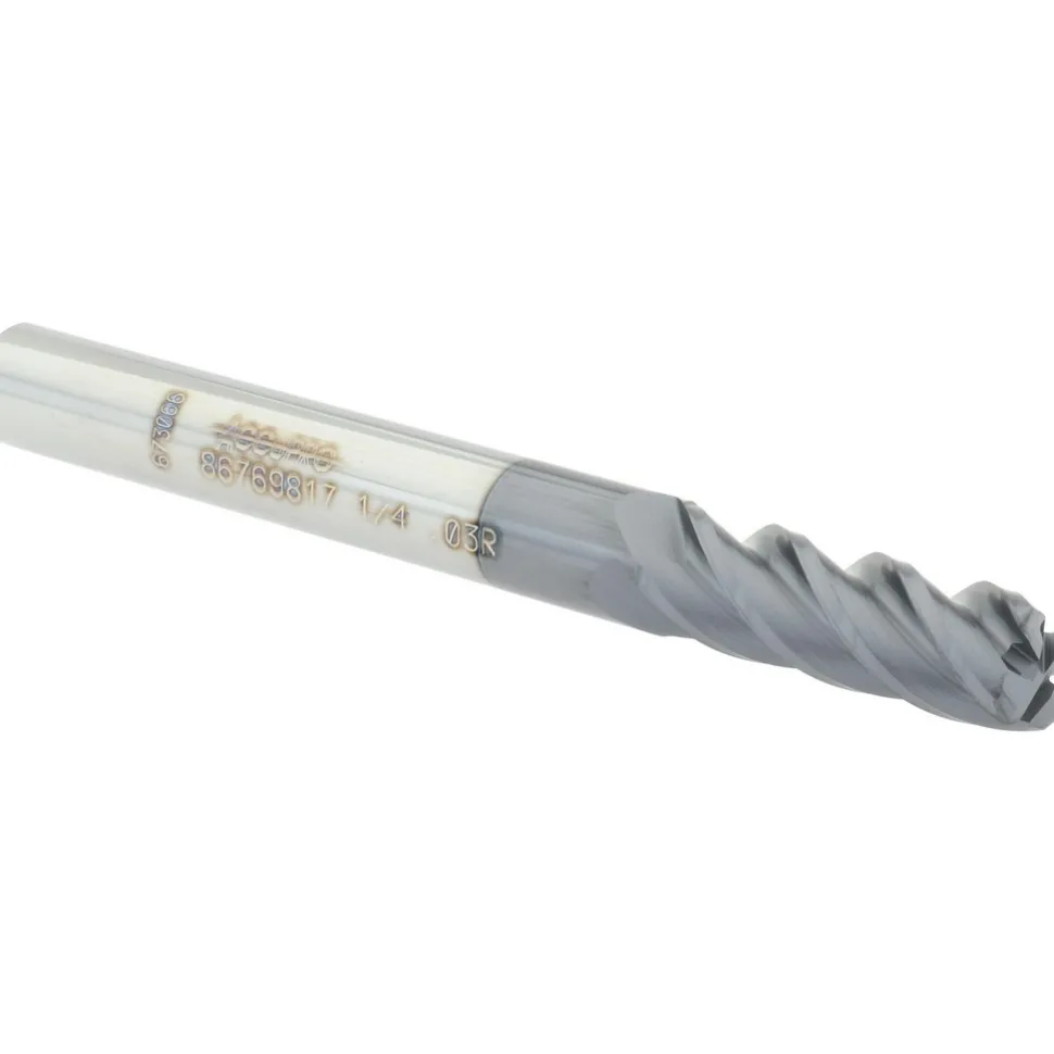 Corner Radius End Mill: 1/4" Dia, 3/4" LOC, 0.0300" Corner Radius, 4 Flute, Solid Carbide