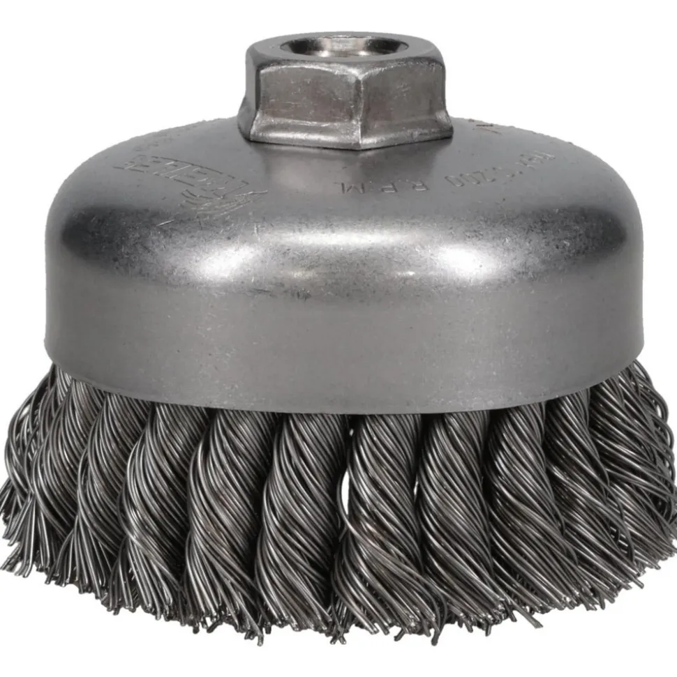 Cup Brush: 4" Dia, 0.023" Wire Dia, Steel, Knotted