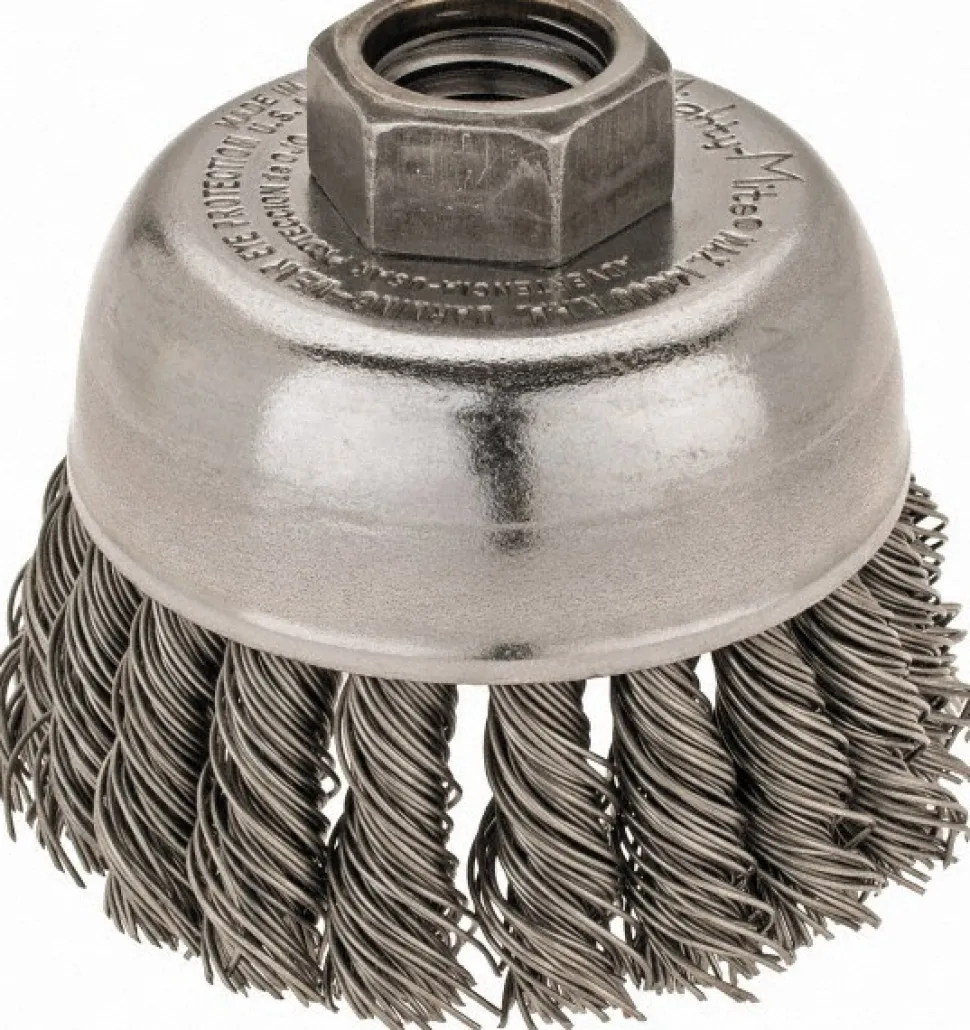 Cup Brush: 2-3/4" Dia, 0.02" Wire Dia, Steel, Knotted
