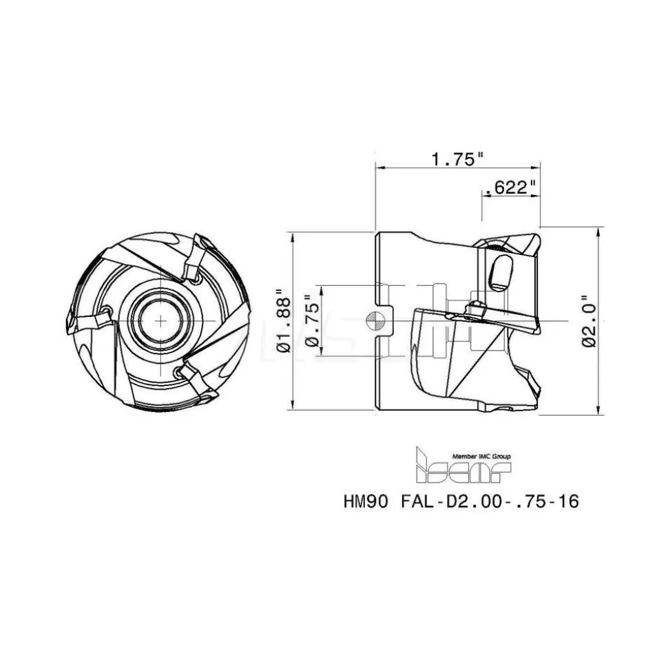 2" Cut Dia, 3/4" Arbor Hole Dia, 0.622" Max Depth, Indexable Square-Shoulder Face Mill