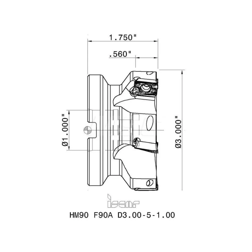 3" Cut Dia, 1" Arbor Hole Dia, 0.56" Max Depth, Indexable Square-Shoulder Face Mill