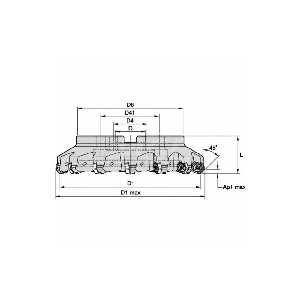4" Cut Dia, 1-1/4" Arbor Hole, 4.51mm Max Depth of Cut, 45° Indexable Chamfer & Angle Face Mill