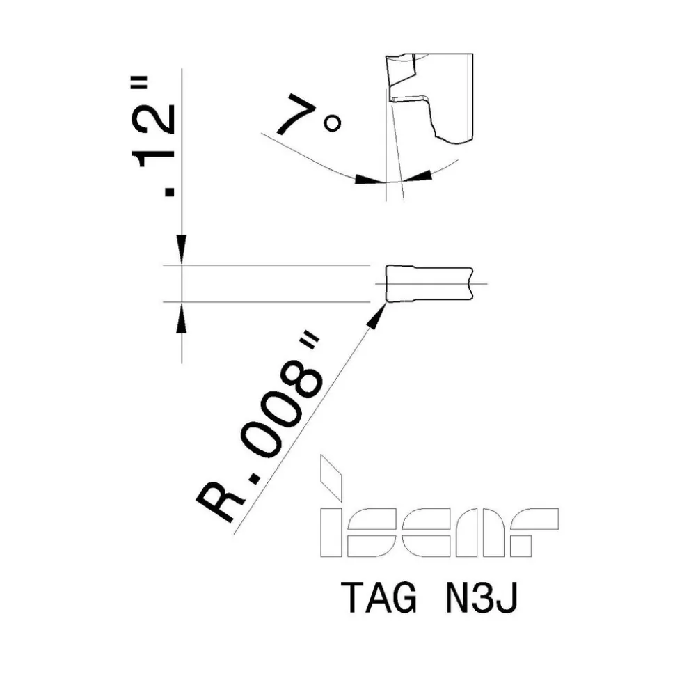 Cutoff Insert: TAGN3J IC908, Carbide, 3.05 mm Cutting Width, 0.1180" Cutting Width