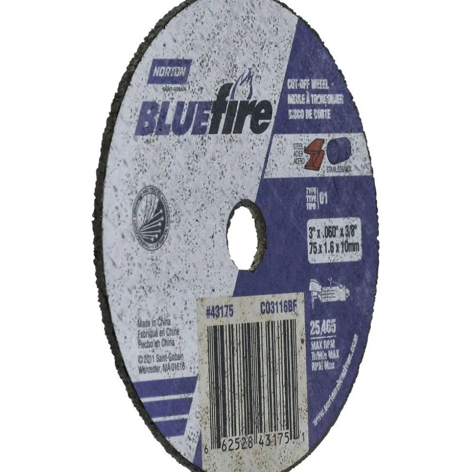Cutoff Wheel: Type 1 (01/41), 3" Dia, 1/16" Thick, 3/8" Hole, Zirconia Alumina
