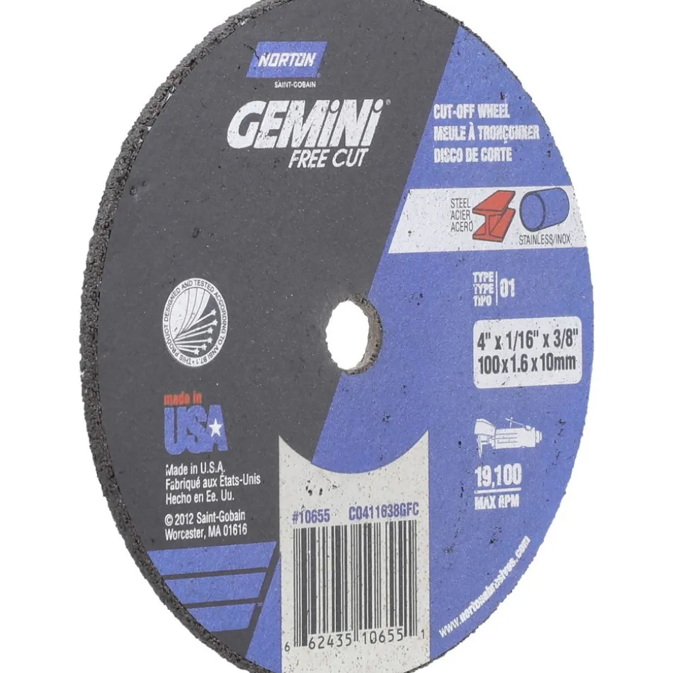 Cutoff Wheel: Type 1 (01/41), 4" Dia, 1/16" Thick, 3/8" Hole, Aluminum Oxide
