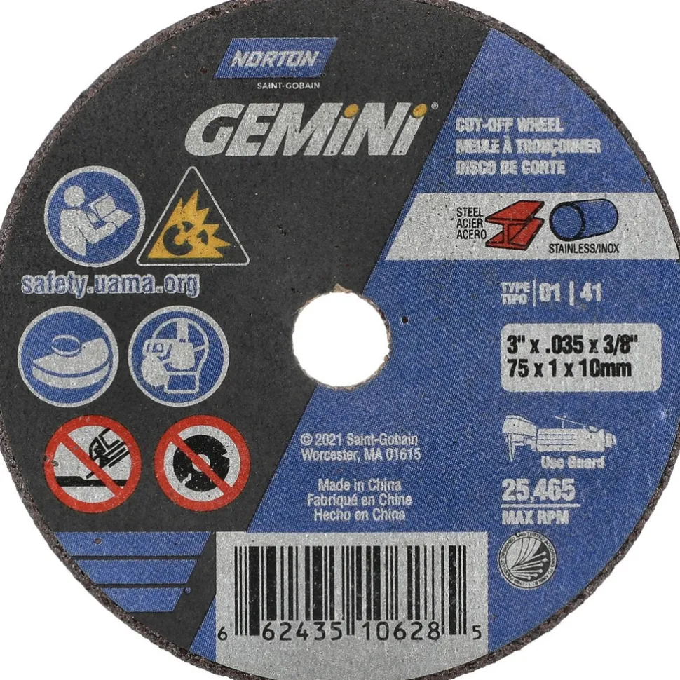 Cutoff Wheel: Type 1 (01/41), 3" Dia, 0.0350" Thick, 3/8" Hole, Aluminum Oxide