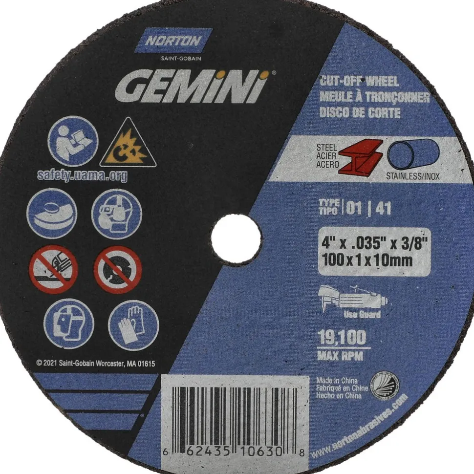 Cutoff Wheel: Type 1 (01/41), 4" Dia, 0.0350" Thick, 3/8" Hole, Aluminum Oxide