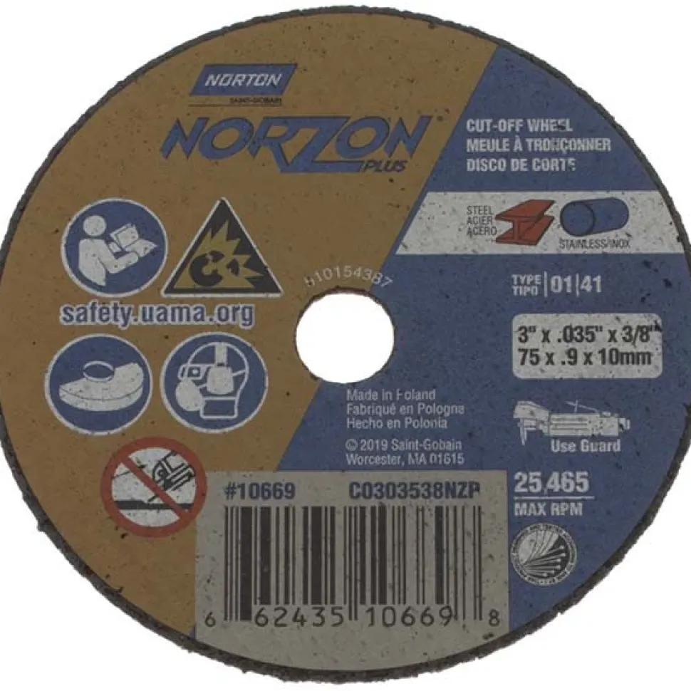 Cutoff Wheel: Type 1 (01/41), 3" Dia, 0.0350" Thick, 3/8" Hole, Ceramic Alumina
