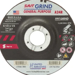 Depressed-Center Wheel: Type 27, 4-1/2" Dia, 1/4" Thick, 7/8" Hole, Aluminum Oxide