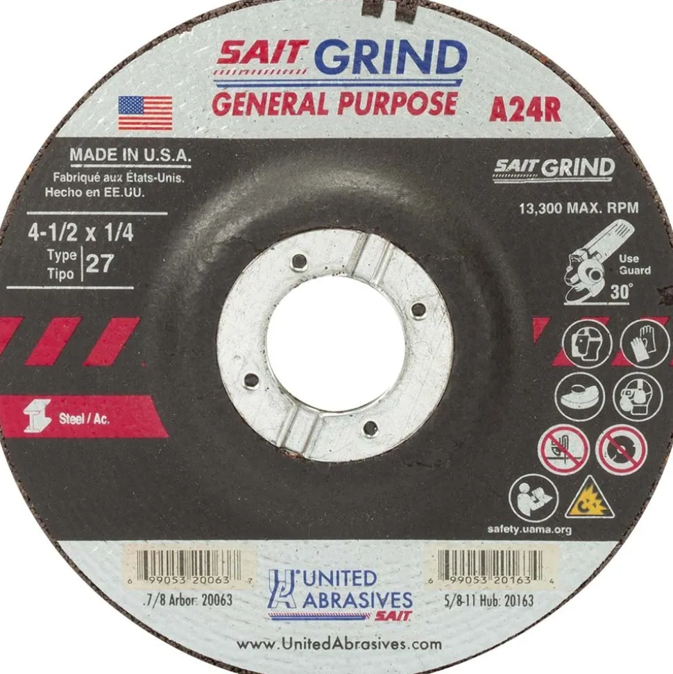 Depressed-Center Wheel: Type 27, 4-1/2" Dia, 1/4" Thick, 7/8" Hole, Aluminum Oxide