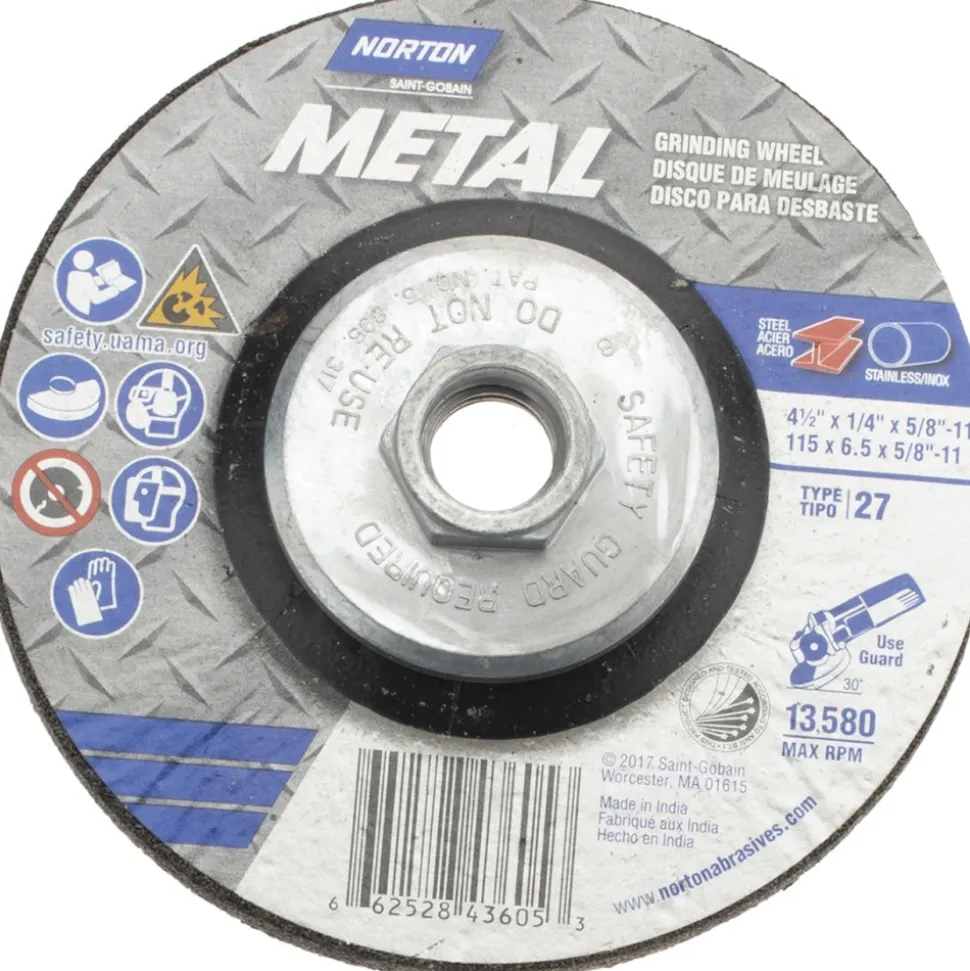Depressed-Center Wheel: Type 27, 4-1/2" Dia, 1/4" Thick, 5/8-11 Hole, Aluminum Oxide