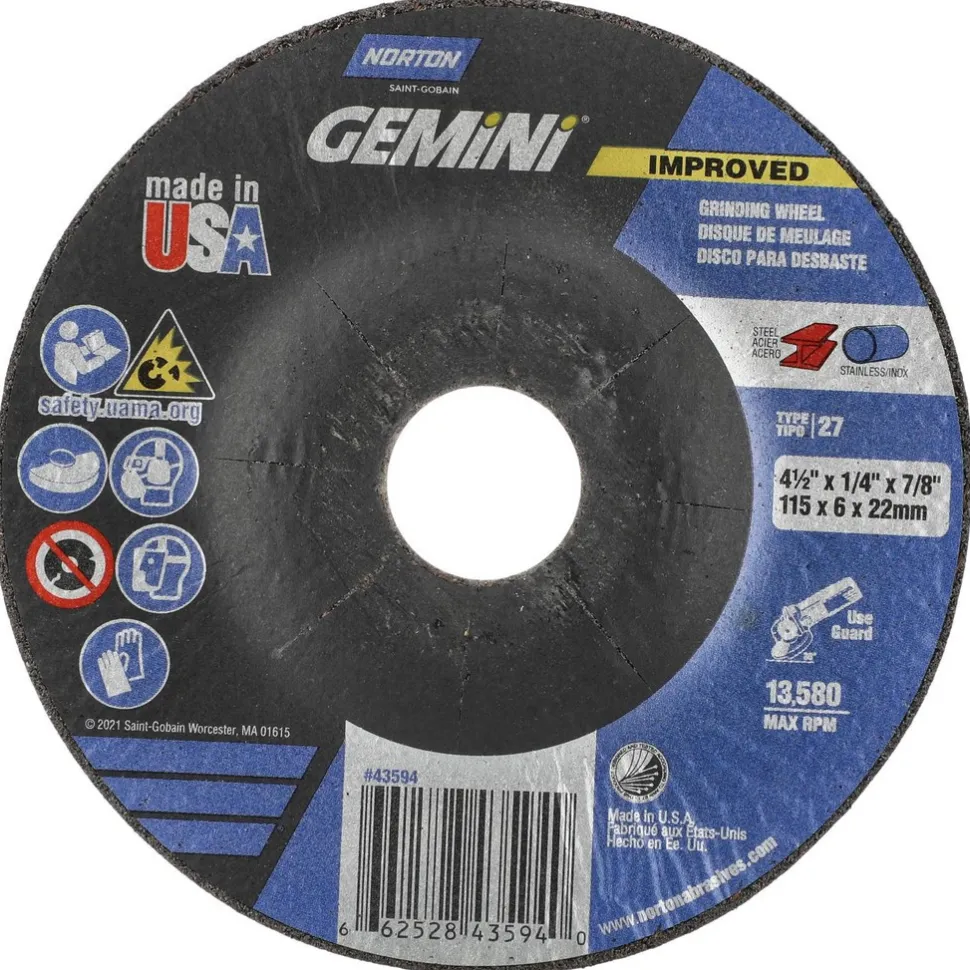 Depressed-Center Wheel: Type 27, 4-1/2" Dia, 1/4" Thick, 7/8" Hole, Aluminum Oxide
