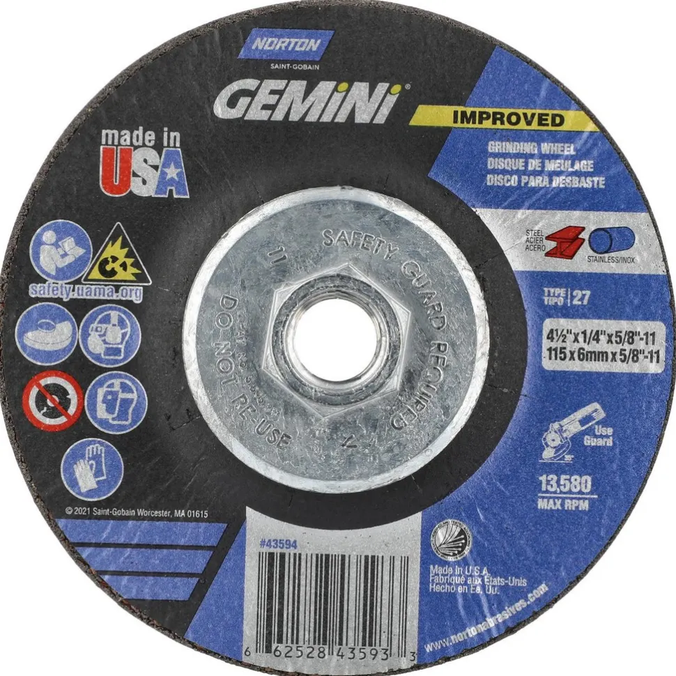 Depressed-Center Wheel: Type 27, 4-1/2" Dia, 1/4" Thick, 5/8-11 Hole, Aluminum Oxide