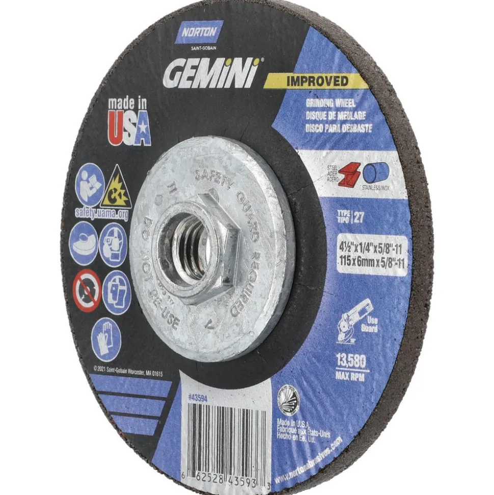 Depressed-Center Wheel: Type 27, 4-1/2" Dia, 1/4" Thick, 5/8-11 Hole, Aluminum Oxide