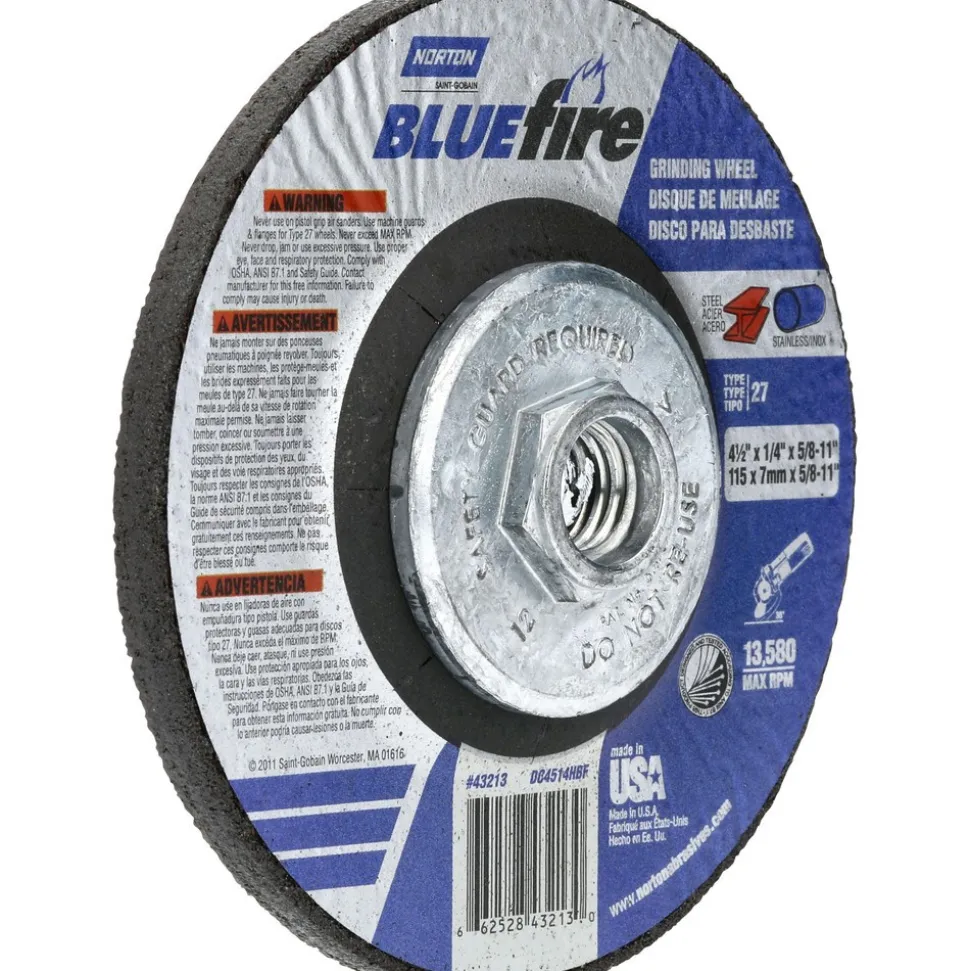 Depressed-Center Wheel: Type 27, 4-1/2" Dia, 1/4" Thick, 5/8-11 Hole, Zirconia Alumina