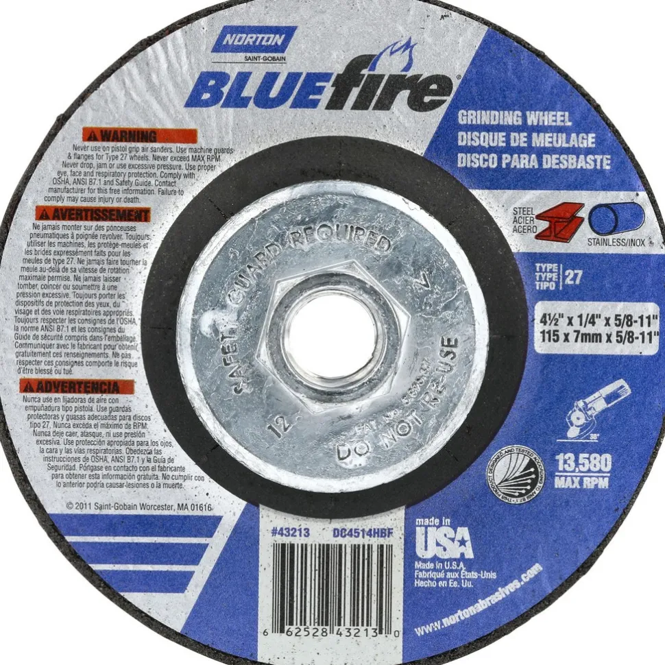 Depressed-Center Wheel: Type 27, 4-1/2" Dia, 1/4" Thick, 5/8-11 Hole, Zirconia Alumina