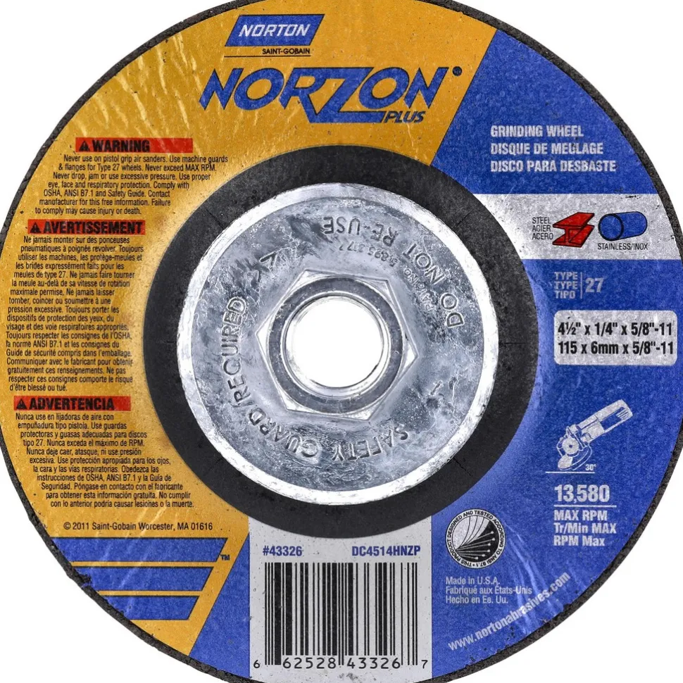 Depressed-Center Wheel: Type 27, 4-1/2" Dia, 1/4" Thick, 5/8-11 Hole, Ceramic Alumina
