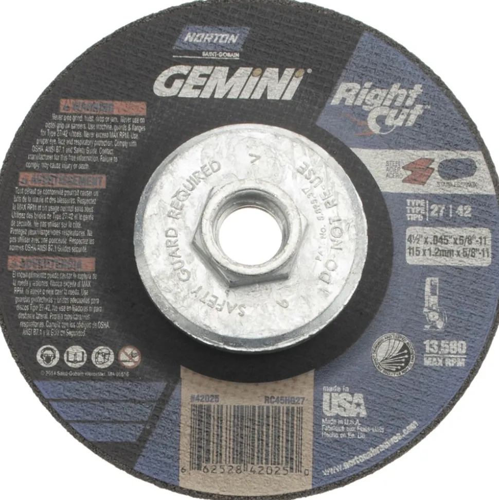 Depressed-Center Wheel: Type 27 & Type 42, 4-1/2" Dia, 0.0450" Thick, 5/8-11 Hole, Aluminum Oxide