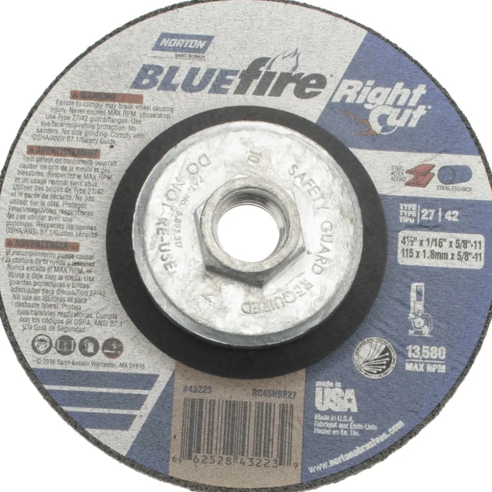 Depressed-Center Wheel: Type 27 & Type 42, 4-1/2" Dia, 1/16" Thick, 5/8-11 Hole, Zirconia Alumina