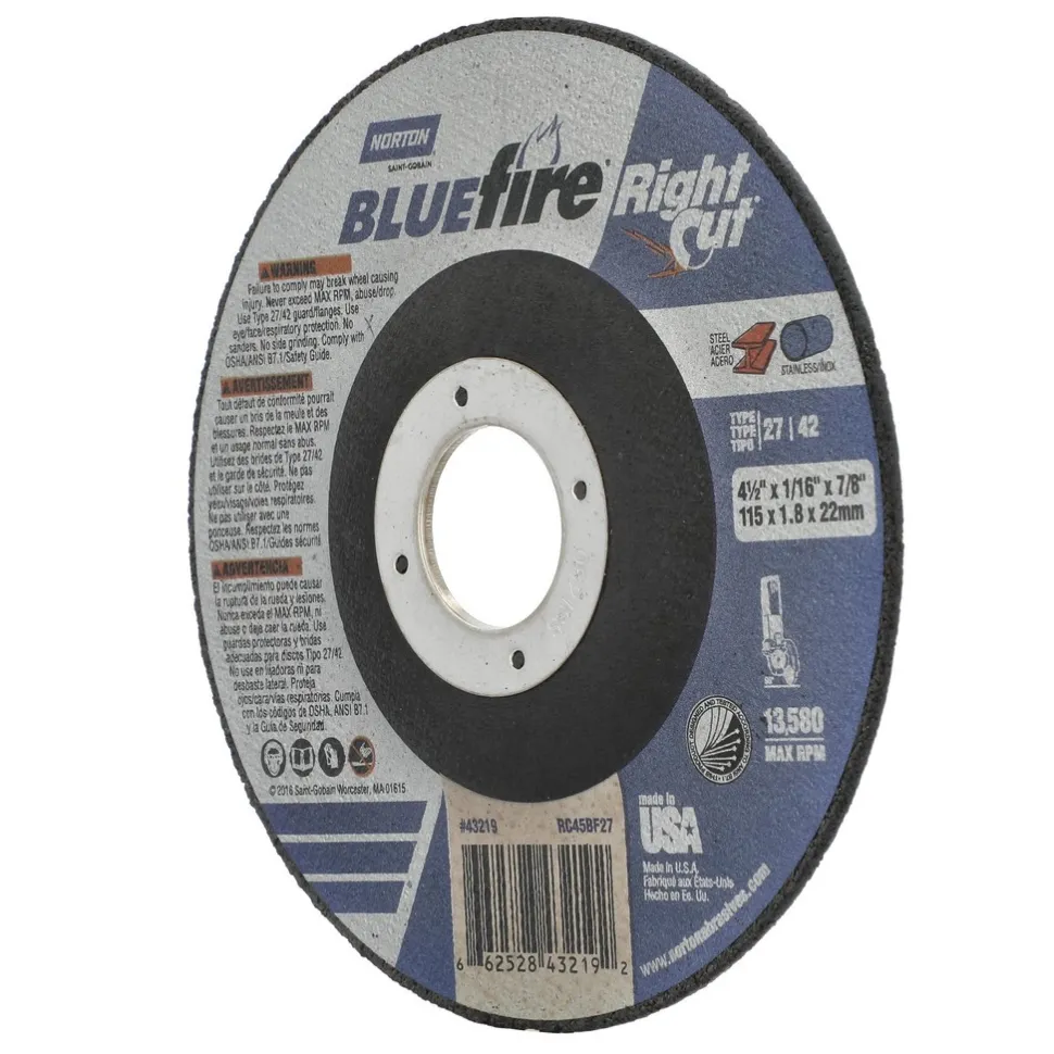 Depressed-Center Wheel: Type 27 & Type 42, 4-1/2" Dia, 1/16" Thick, 7/8" Hole, Zirconia Alumina