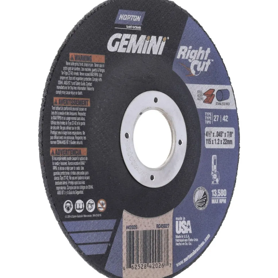 Depressed-Center Wheel: Type 27 & Type 42, 4-1/2" Dia, 0.0450" Thick, 7/8" Hole, Aluminum Oxide