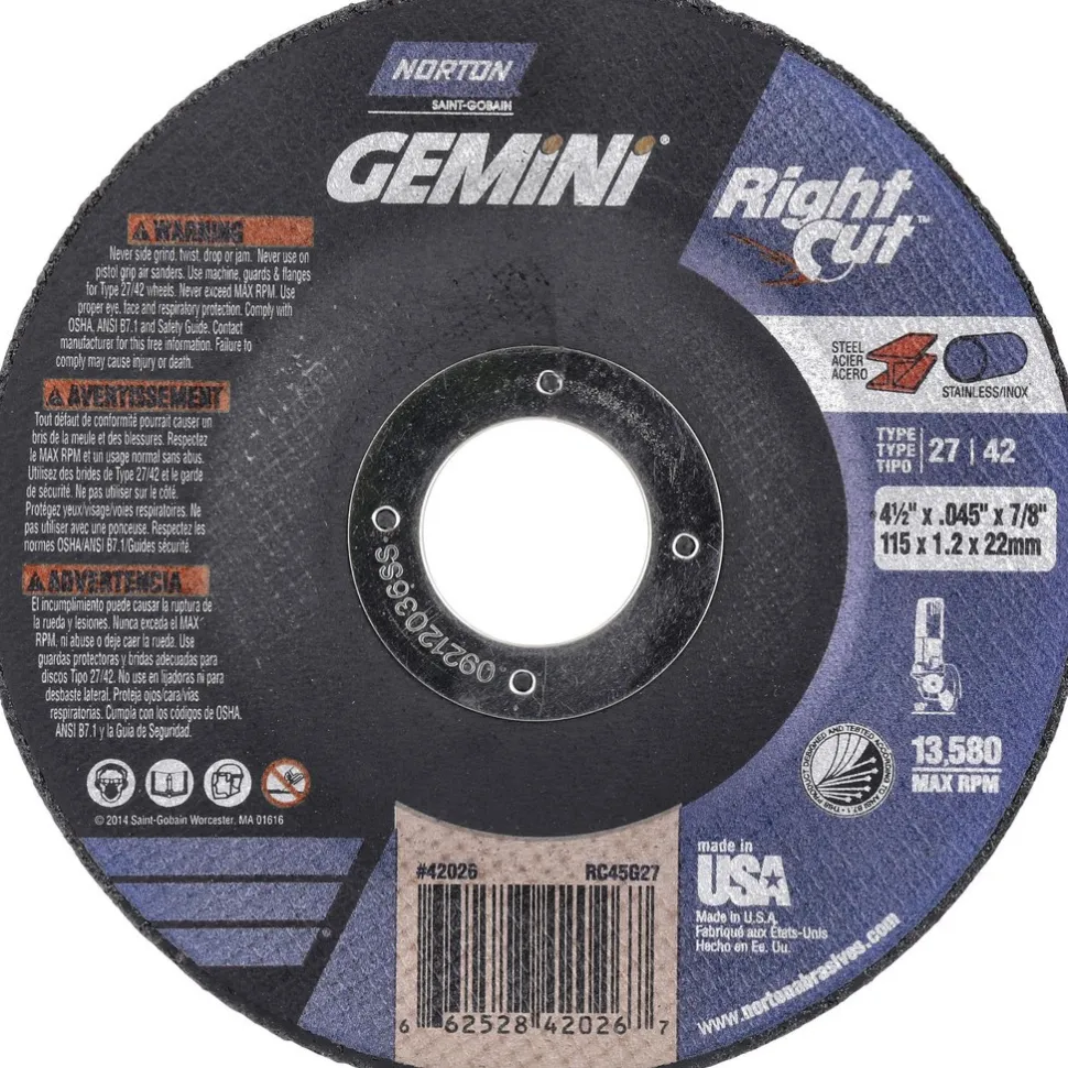Depressed-Center Wheel: Type 27 & Type 42, 4-1/2" Dia, 0.0450" Thick, 7/8" Hole, Aluminum Oxide