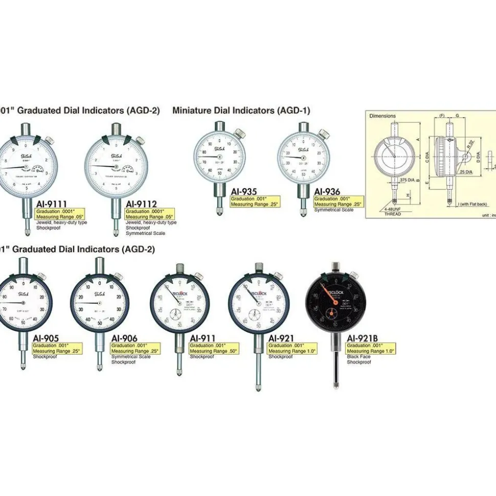 Dial Drop Indicator: 1.0000" Max Measurement, 0-100 Dial Reading, 0.001400" Accuracy