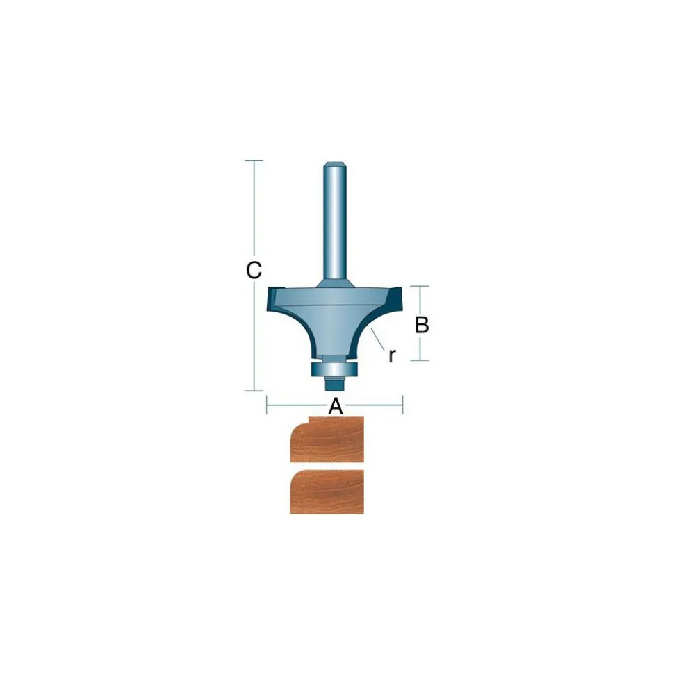 5/8" Dia, 3/8" LOC, 2 Flute Carbide-Tipped Edge Profile Round-Over Router Bit