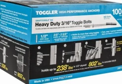1/2" Dia x 6-1/4" OAL, 3/16" Screw, Steel Toggle Bolt Drywall & Hollow Wall Anchor