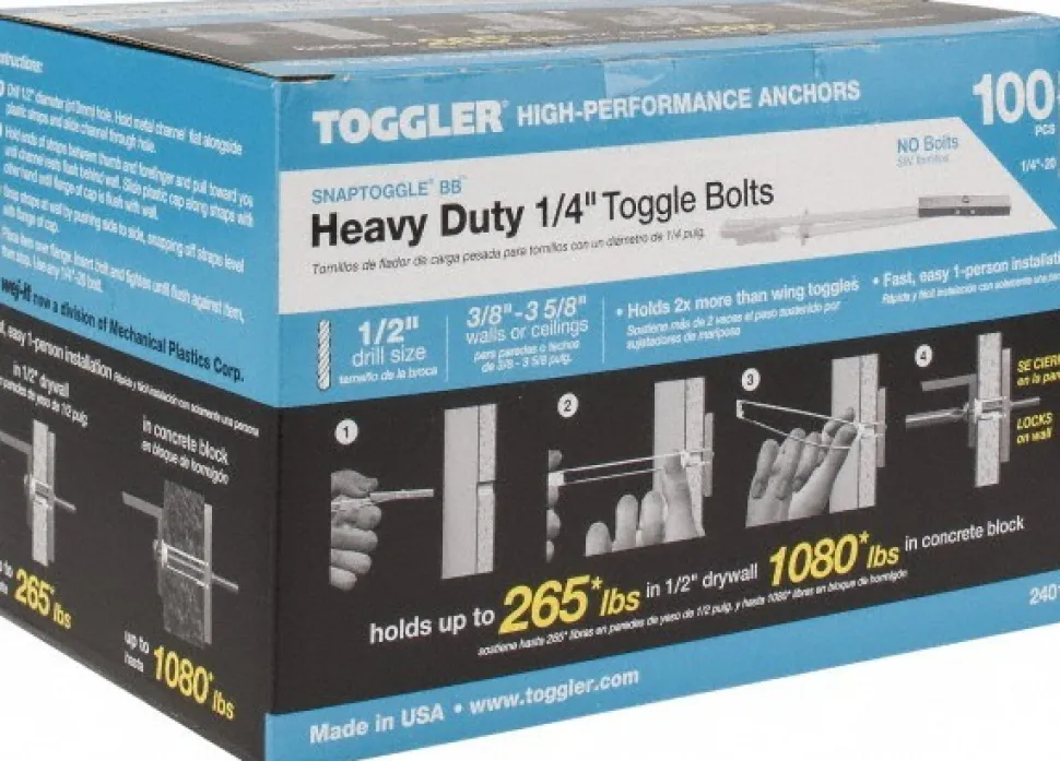 1/2" Dia x 6-1/4" OAL, 1/4" Screw, Steel Toggle Bolt Drywall & Hollow Wall Anchor