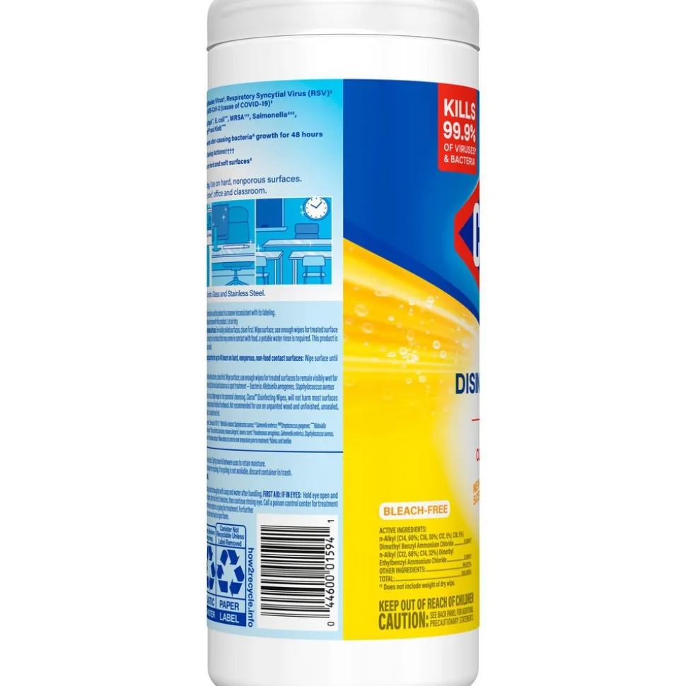 Disinfecting Wipes, Bleach Free Cleaning Wipes, 1-Ply, 7" x 8", Crisp Lemon, White