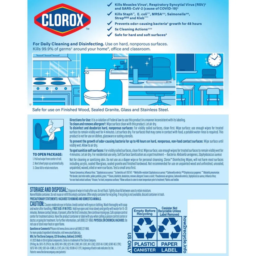 Disinfecting Wipes, Bleach Free Cleaning Wipes, 1-Ply, 7" x 8", Crisp Lemon, White
