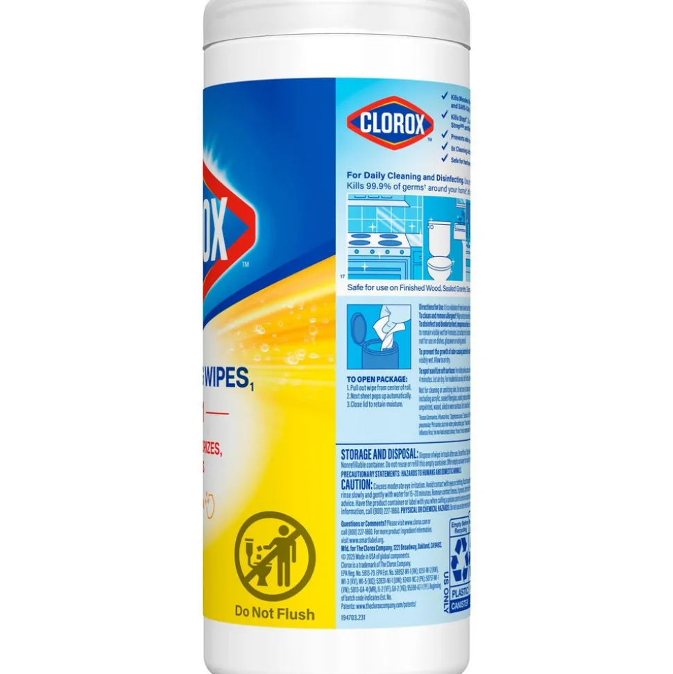 Disinfecting Wipes, Bleach Free Cleaning Wipes, 1-Ply, 7" x 8", Crisp Lemon, White