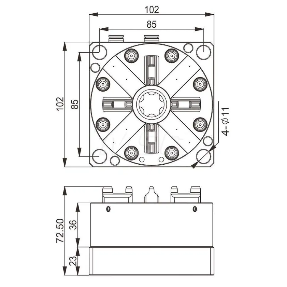 EDM Chucks: Chuck Size: 102 mm x 102mm; System Compatibility: Erowa ITS; Actuation Type: Pneumatic; Material: Stainless Steel