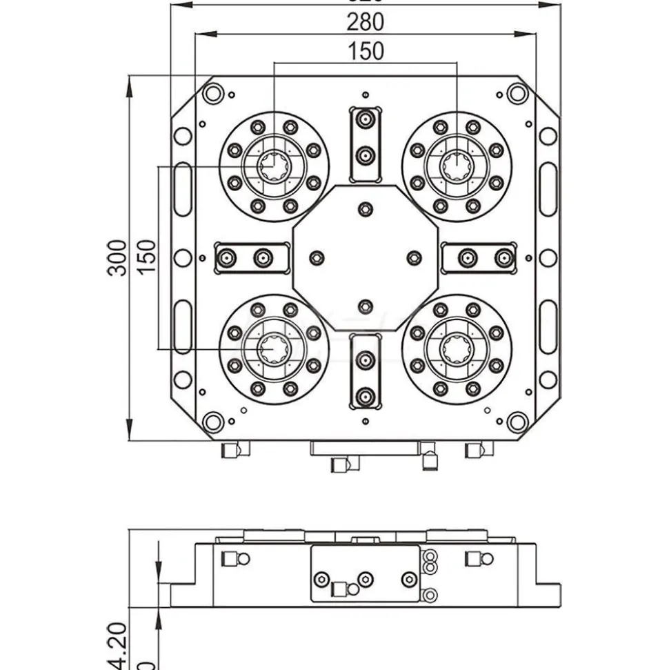 EDM Chucks: Chuck Size: 320mm x 300mm x 64.2mm; System Compatibility: Erowa UPC; Actuation Type: Pneumatic; Material: Stainless Steel